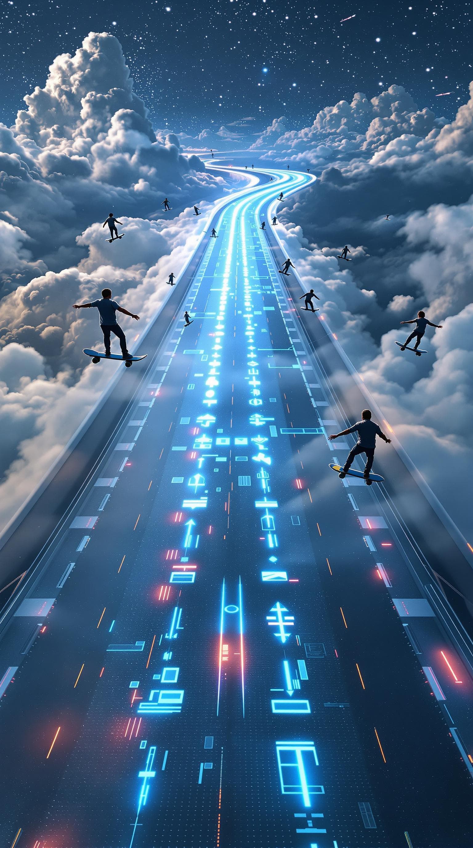 AI generated: 	30. Fliegende Skateboards auf futuristischen Highways
Eine Gruppe von Menschen auf fliegenden Skate...