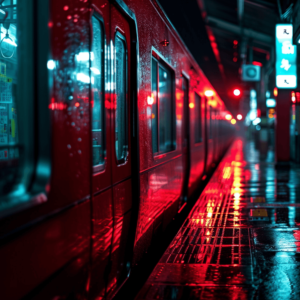 AI generated: the train is waiting at a station at night, in the style of photorealistic fantasies, depictions of ...