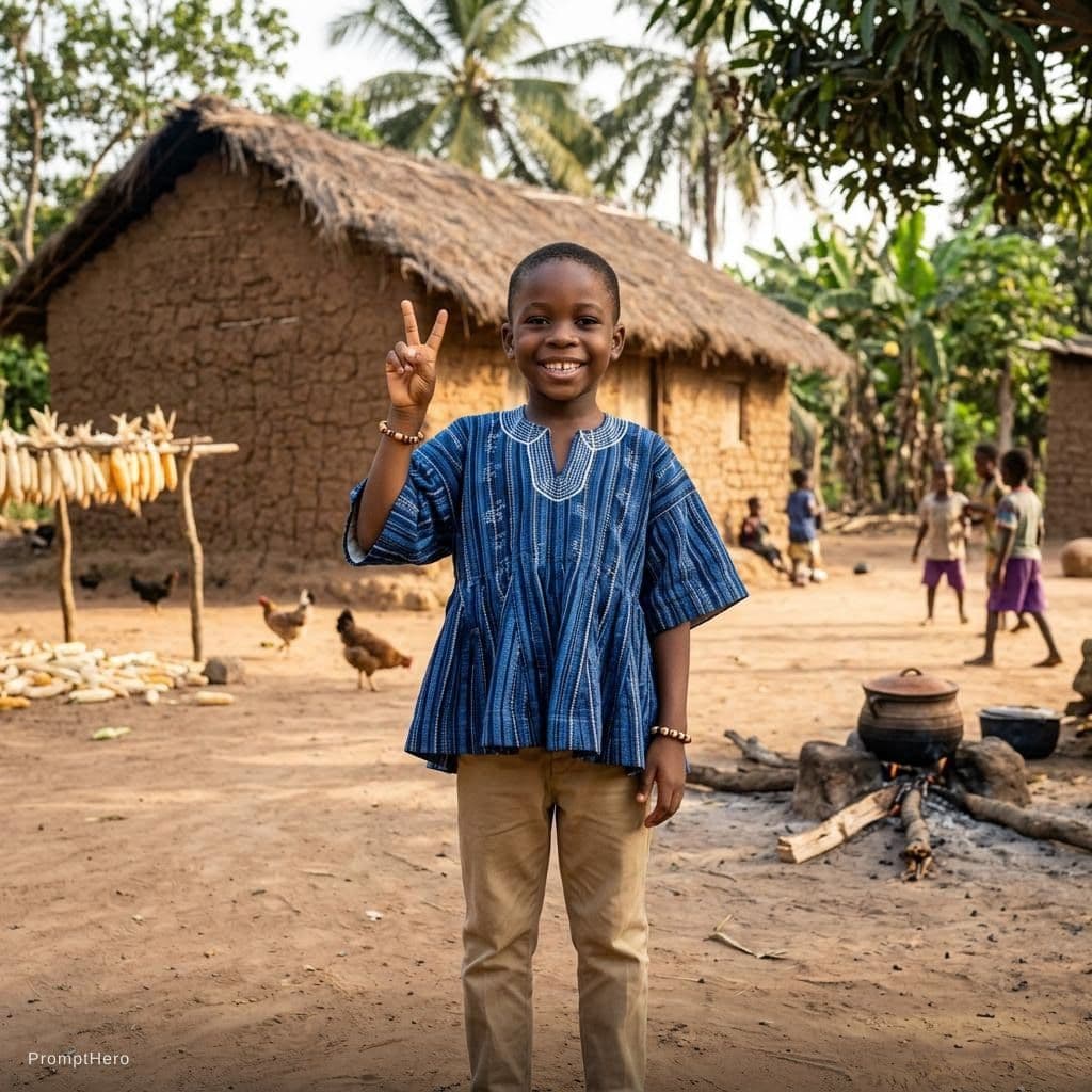 AI generated: A native village boy in front of of a village house 