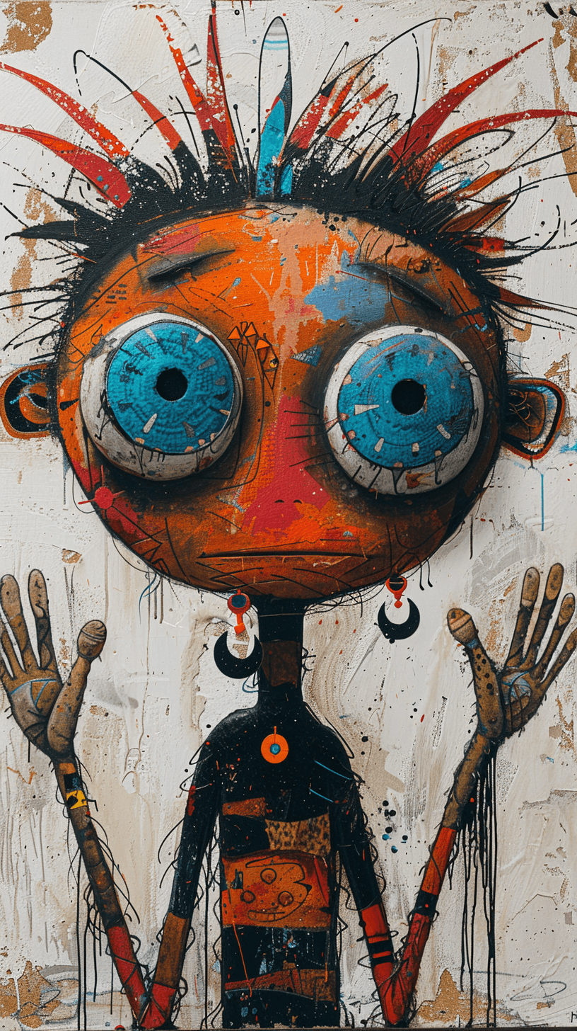AI generated: A painting in the style of Joan Miro depicting a cartoon figure with blue eyes, orange skin, black h...