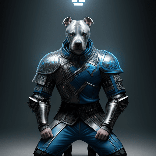 AI generated: kneeling dog pitbull knight,hyperrealistic futuristic soldier dog wearing cyberpunk thor jacket blue...