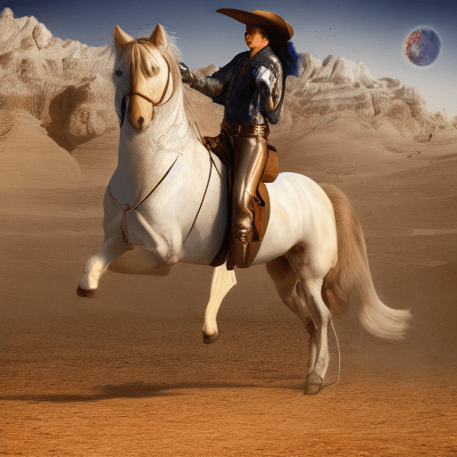 AI generated: A very pretty space cowboy riding a horse in a wild west sci-fi style, space age era, ultra-detailed...