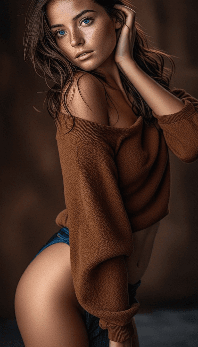 AI generated: A woman with wavy brown hair in a tousled style, wearing a loose, off-the-shoulder brown knit sweate...