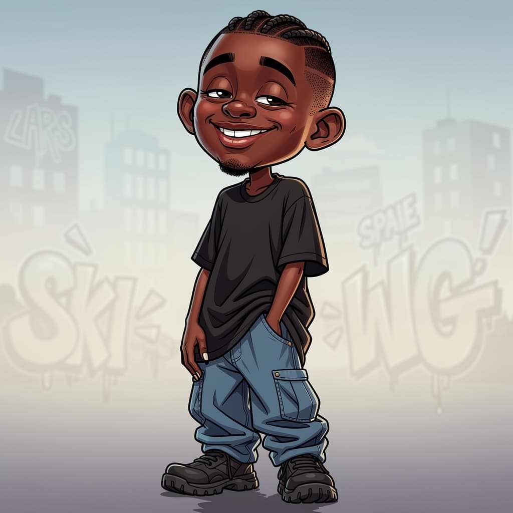 AI generated: funny caricature, relaxed fashion guy caricature, young african male,with cornrows, 22 years old, ov...