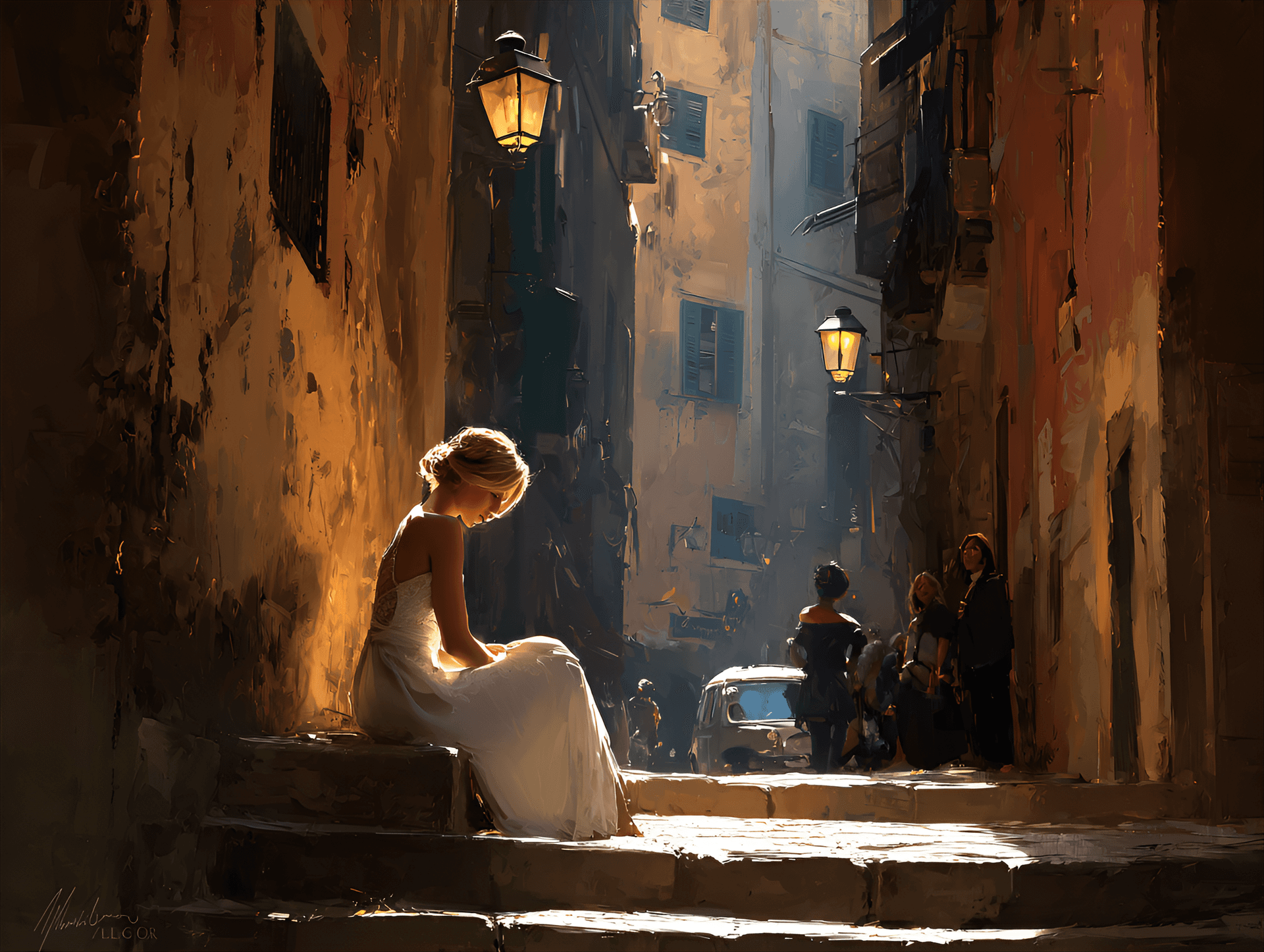 AI generated: artistic illustration depicting a woman in an elegant white dress sitting on stone steps in what app...