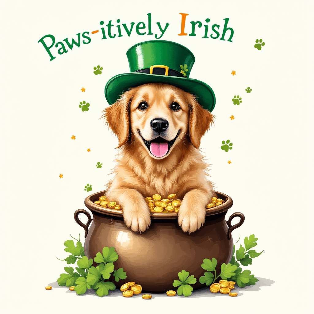 AI generated: ""An adorable golden retriever wearing a leprechaun hat and sitting inside a pot of gold. The phrase...