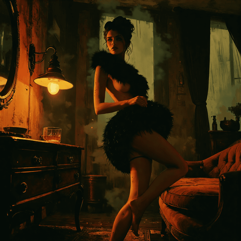 AI generated: (Full-body shot, fine art noir photography, 1950s–1960s vintage setting, cinematic chiaroscuro light...