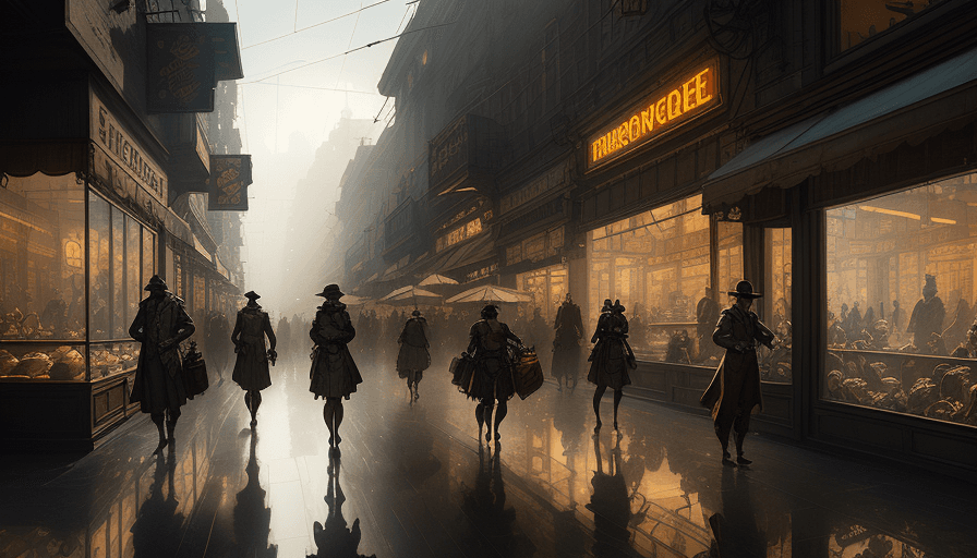 AI generated: Antique store in a Dieselpunk city, shopping street, shopwindows, light, shadows, reflections, steam...