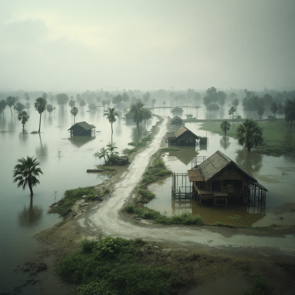 AI generated: An eerily tranquil yet devastating scene of a once-thriving elephant sanctuary almost entirely subme...