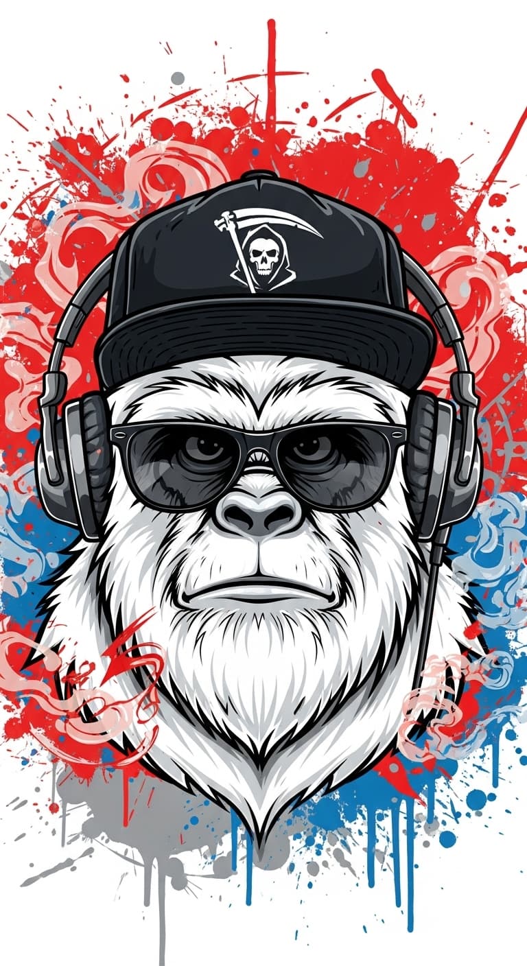AI generated: a white yeti wearing a snapback backwards black hat (grim reaper logo) looking straight at the camer...