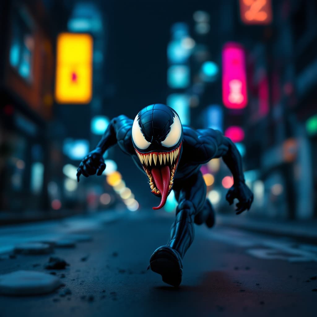 AI generated: Plasticine figure of Venom. Running through the city at night.  Clay animation style to emphasize th...