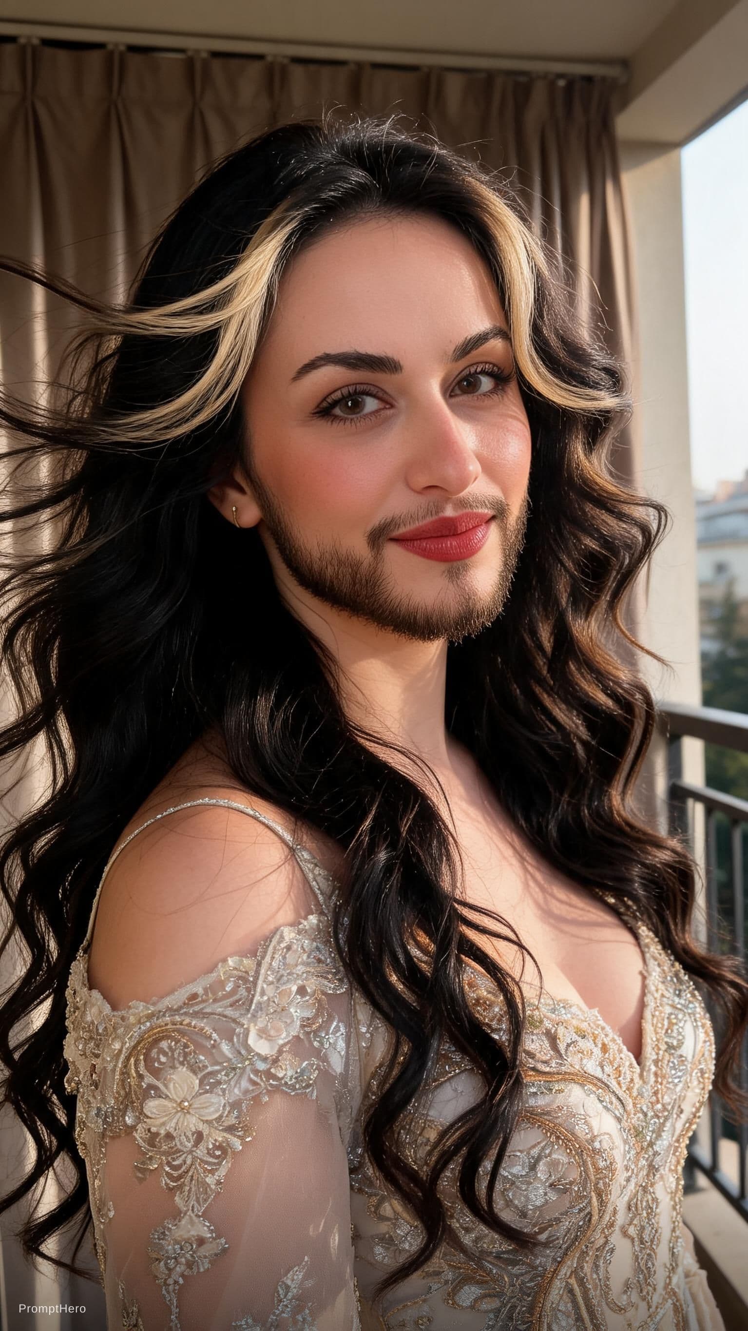 AI generated: a woman with long black hair standing on a balcony, cinematic beautiful natural skin, light blush, c...