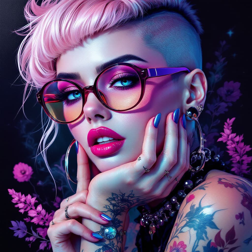 AI generated: create an artistic glossy acrylic oil full length illustration trippy glossy dark, reflective light ...