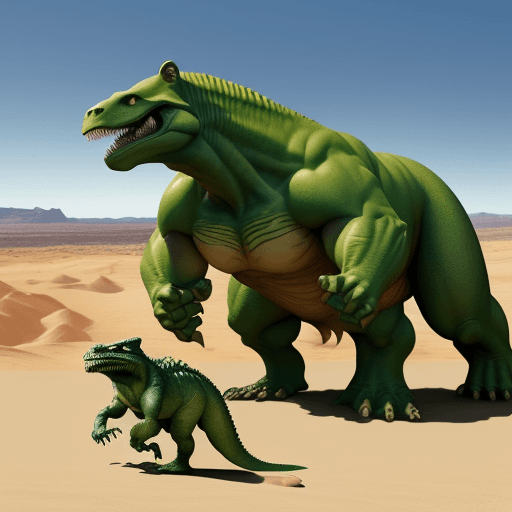 AI generated: enfrentamiento en el desierto de hulk contra un gran T REX CARA A CARA
