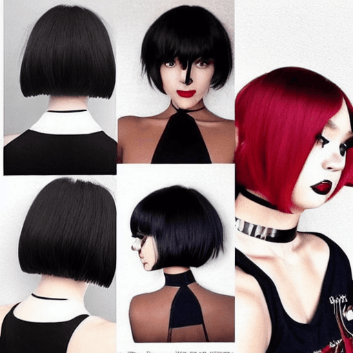 AI generated:  Cute loose bob hairstyle, split black and red hair, the girl is wearing a black bra and black thong...