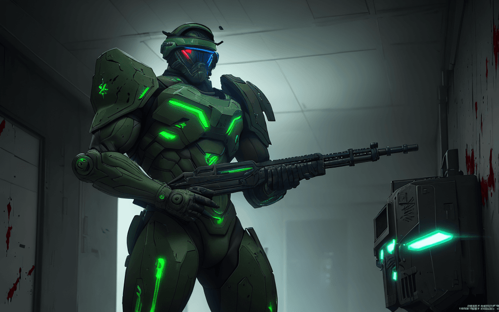 AI generated: brutal muscular man warrior stands and holding a M41A Pulse Rifle in his hands, after the battle, (v...