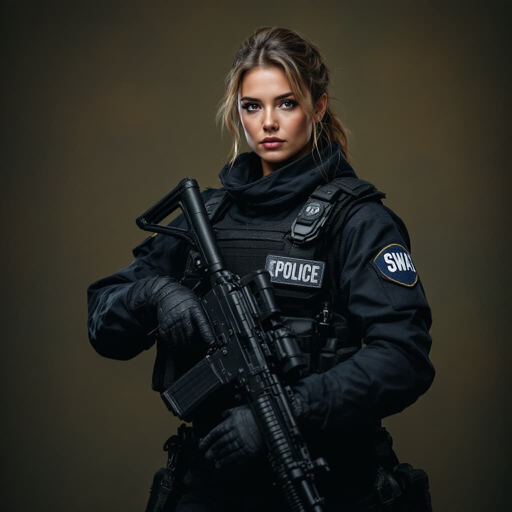 AI generated: full body portrait woman a powerful and dignified portrait of a SWAT officer, carry the P90 gun, cap...