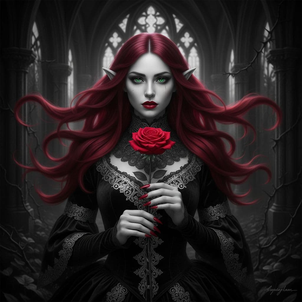AI generated: black and white with added colour a  woman elf ,captivating  soft green eyes , red fluid wavy hair r...