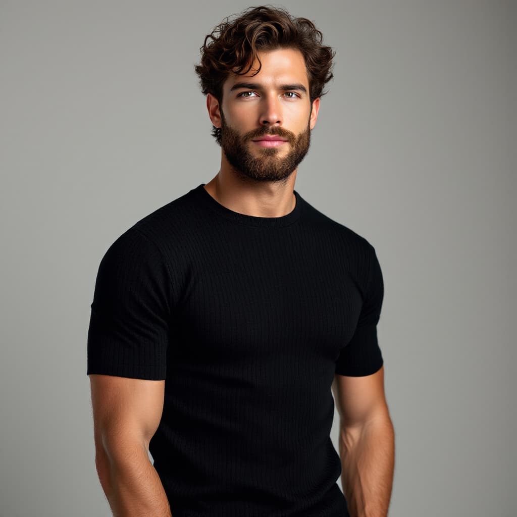 AI generated: Studio fashion portrait of a 28-year-old white American man, slightly tanned skin, curly brown hair,...