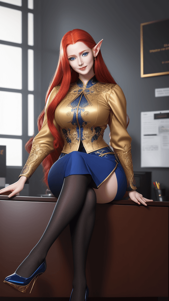 AI generated: full shot image, a tall dramatic beautiful elven queen office lady, 30 years old, super detailed blu...