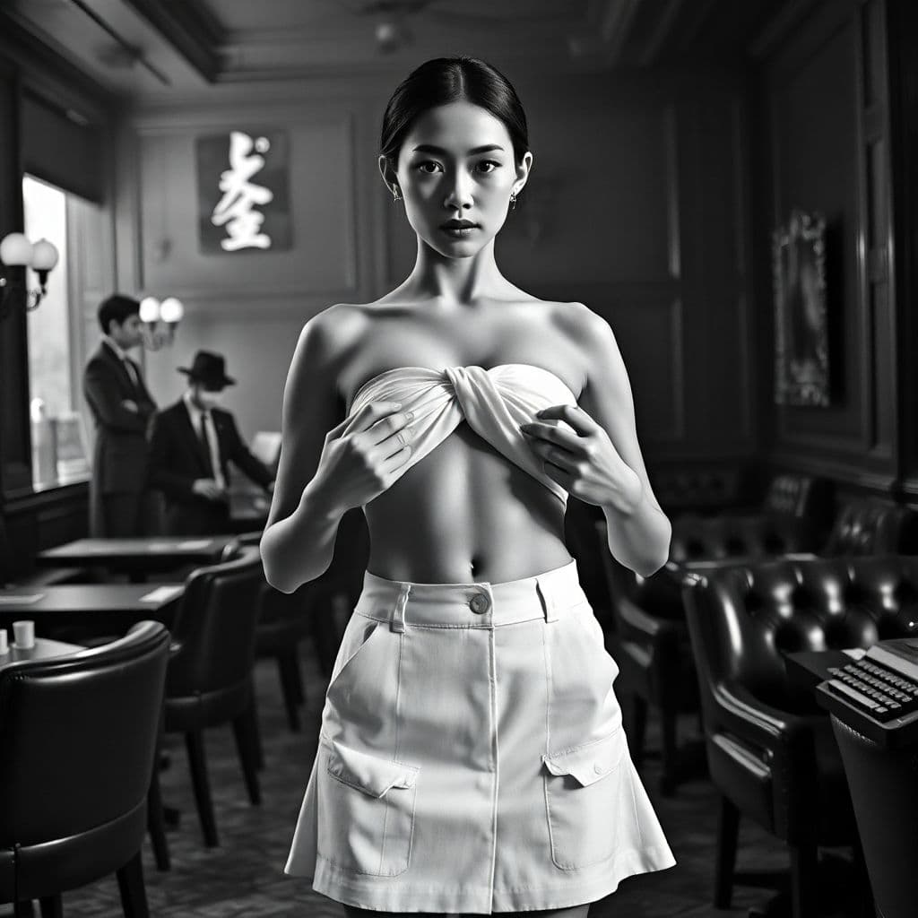 AI generated: dystopian style Black and white fashion photography of a young Chinese Han-Sindhi woman in her mid-t...