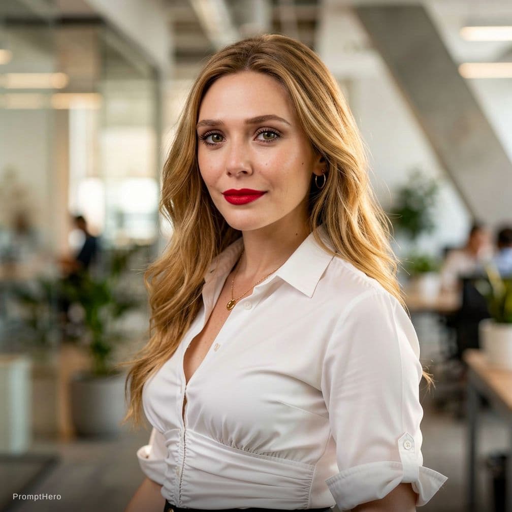 AI generated: office young lady, unbutton sleeve, open collor, deep cleavage , red lips
