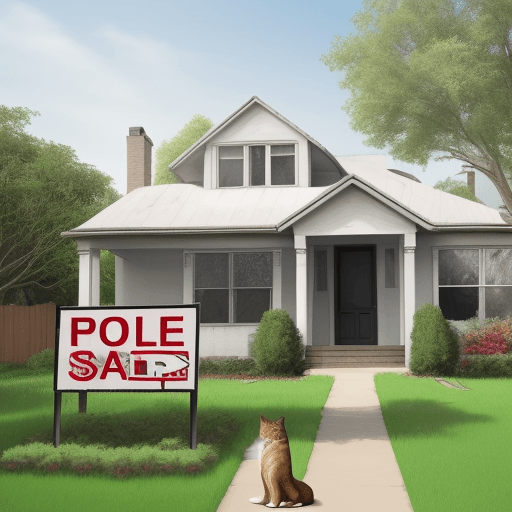 AI generated: house with person in front with a dog and a cat next to them. The house has a big sign that says "FO...