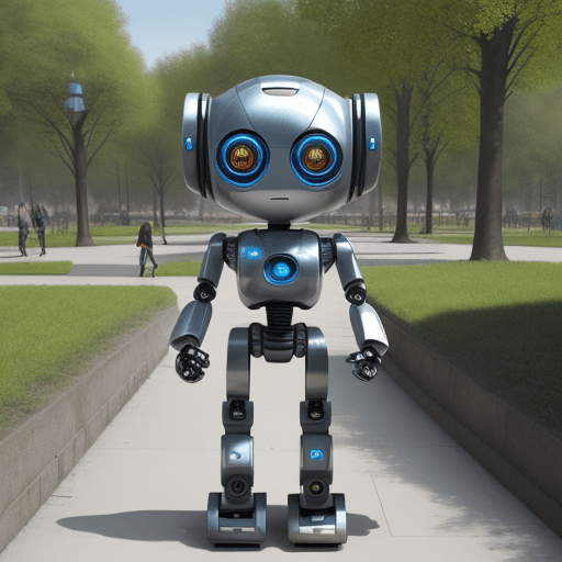 AI generated: A cute little robot walking through a futuristic park, in the style of modern european graphic novel...