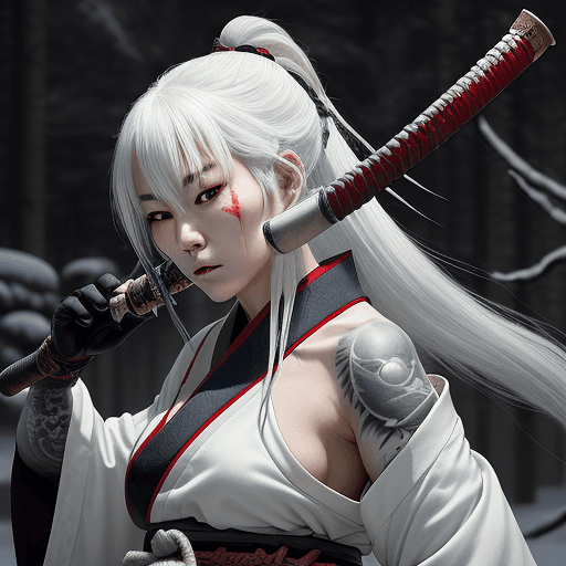 AI generated: In Japan, Akane, a samurai with her beautiful snow-white hair mysteriously tattooed, is called upon ...