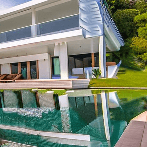 AI generated: ultra-modern mega villa by the sea with swimming pool and green space with beautiful open space and ...
