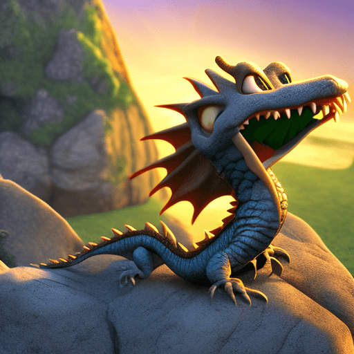 AI generated: Quentin Blake, cartoon line art, cute mythical baby dragon lies on his rock in golden hour, big eyes...