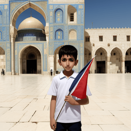 AI generated: Boy with flag,front of aqsa masjid 