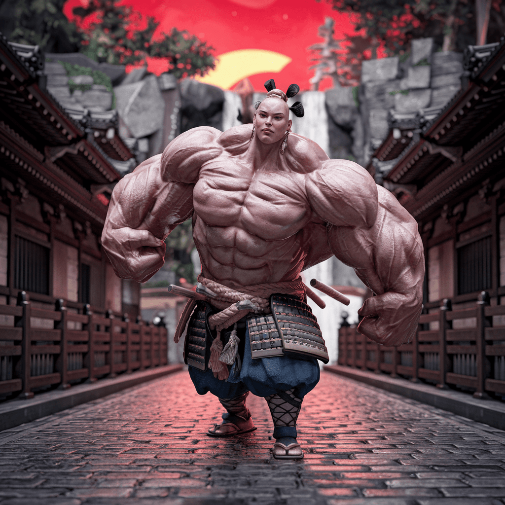 AI generated: Japanese female Samurai. She is massive muscular female heavy weight bodybuilder with a chiseled phy...