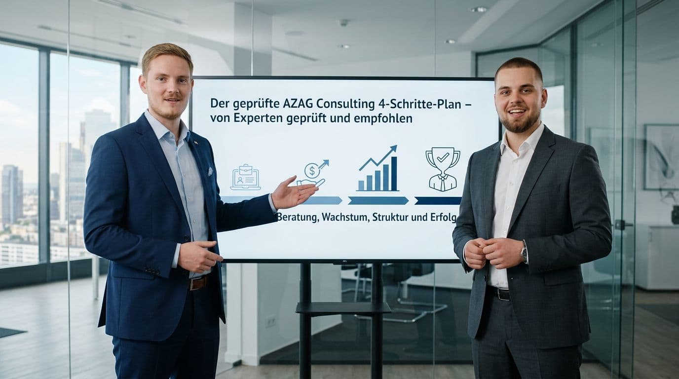 AI generated: Hochwertiges Werbevideo mit zwei seriösen, sympathischen Business-Personen, die AZAG Consulting präs...