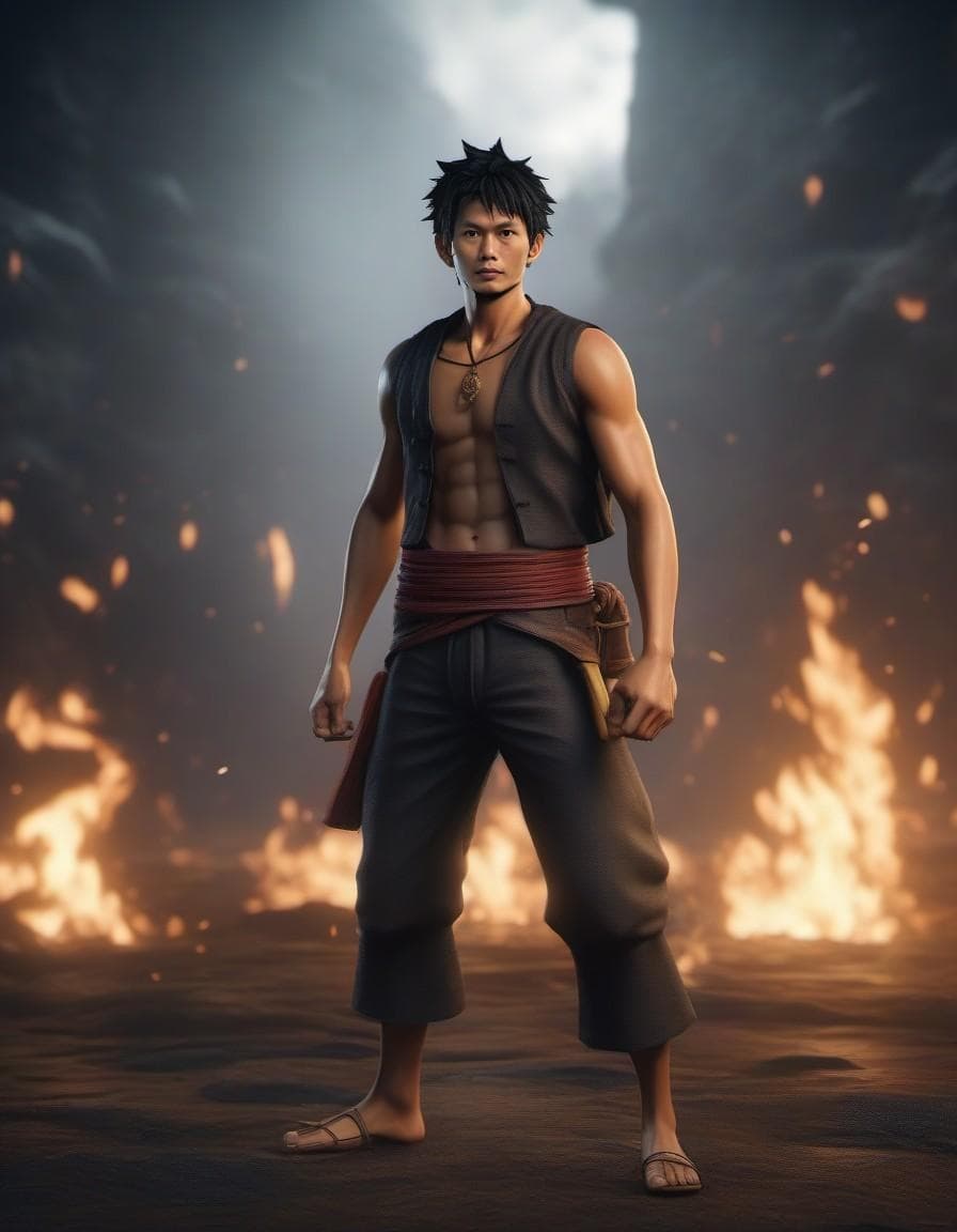 AI generated: Hyper realistic one piece character design, luffy, mist, photorealistic, octane render, unreal engin...