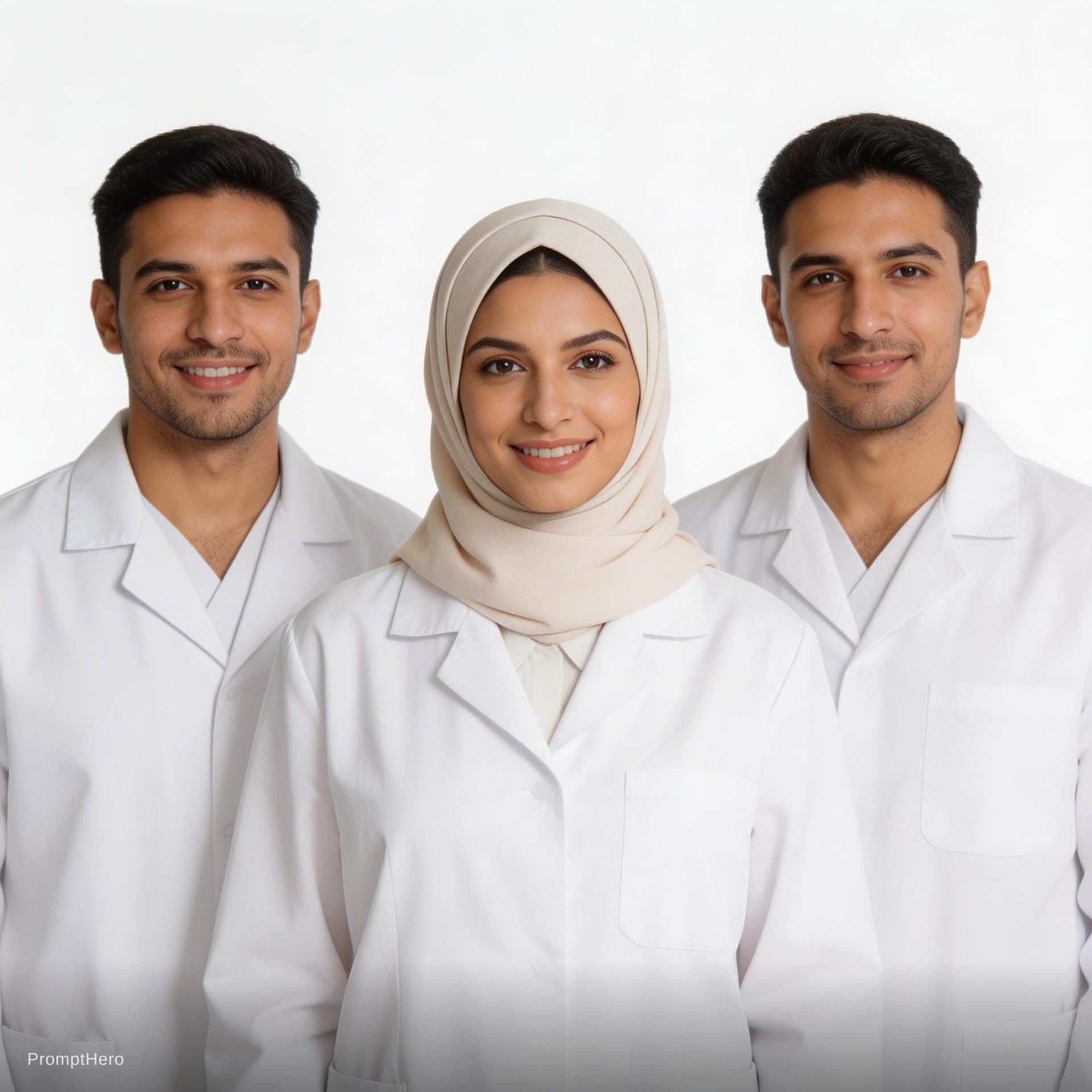 AI generated: A professional high-resolution portrait of three doctors standing confidently together against a pur...