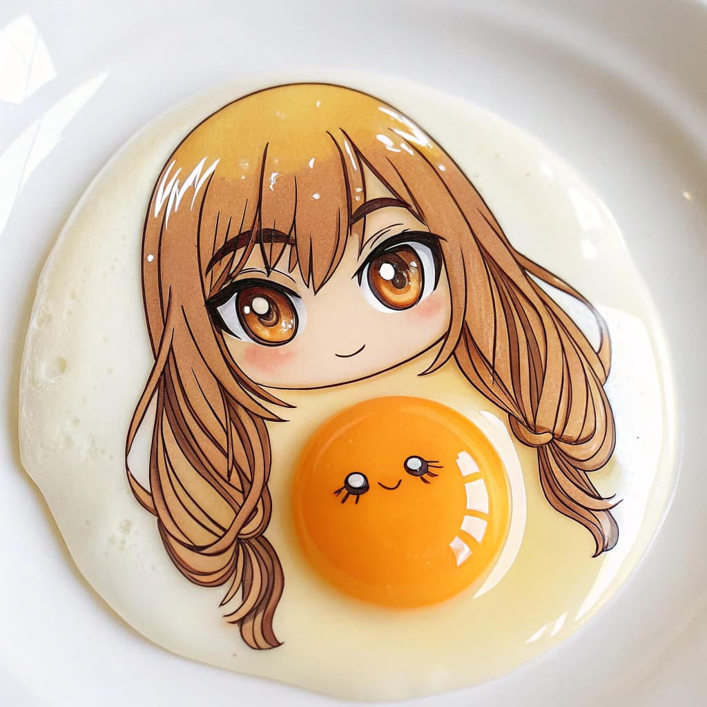 AI generated: An egg yolk with long hair and a face done in a japanese anime-style