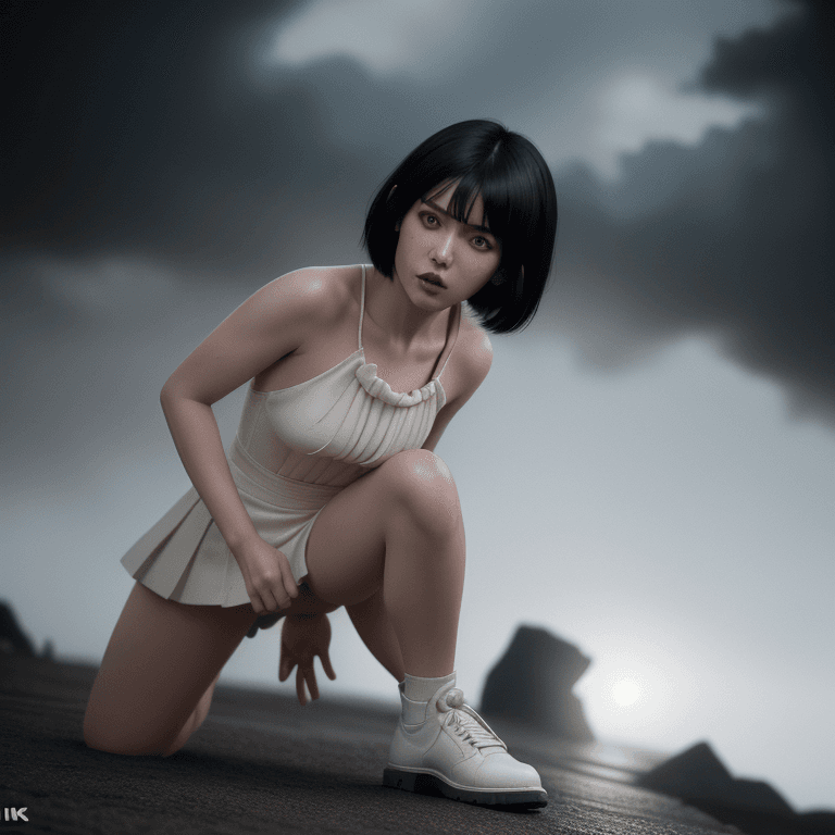 AI generated: Anime portrait of a pretty british female character, short black bob cut, white formal, standing sid...