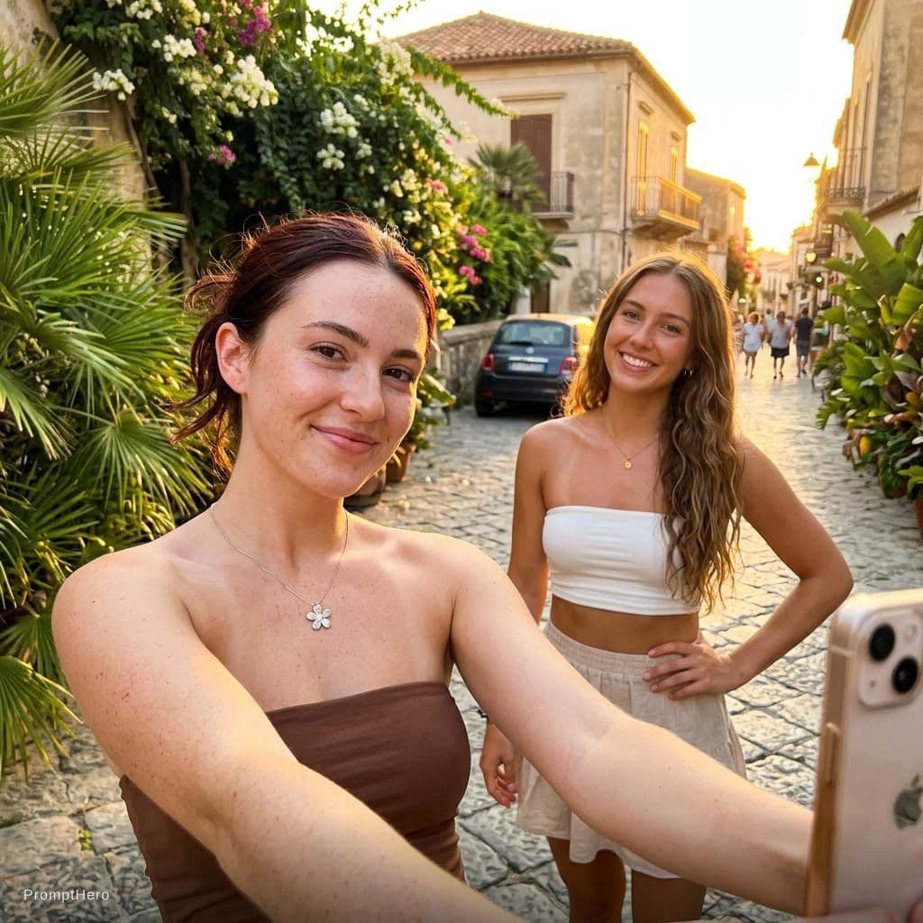 AI generated: Ultra realistic summer selfie of two young women standing outdoors during golden hour in a warm Medi...