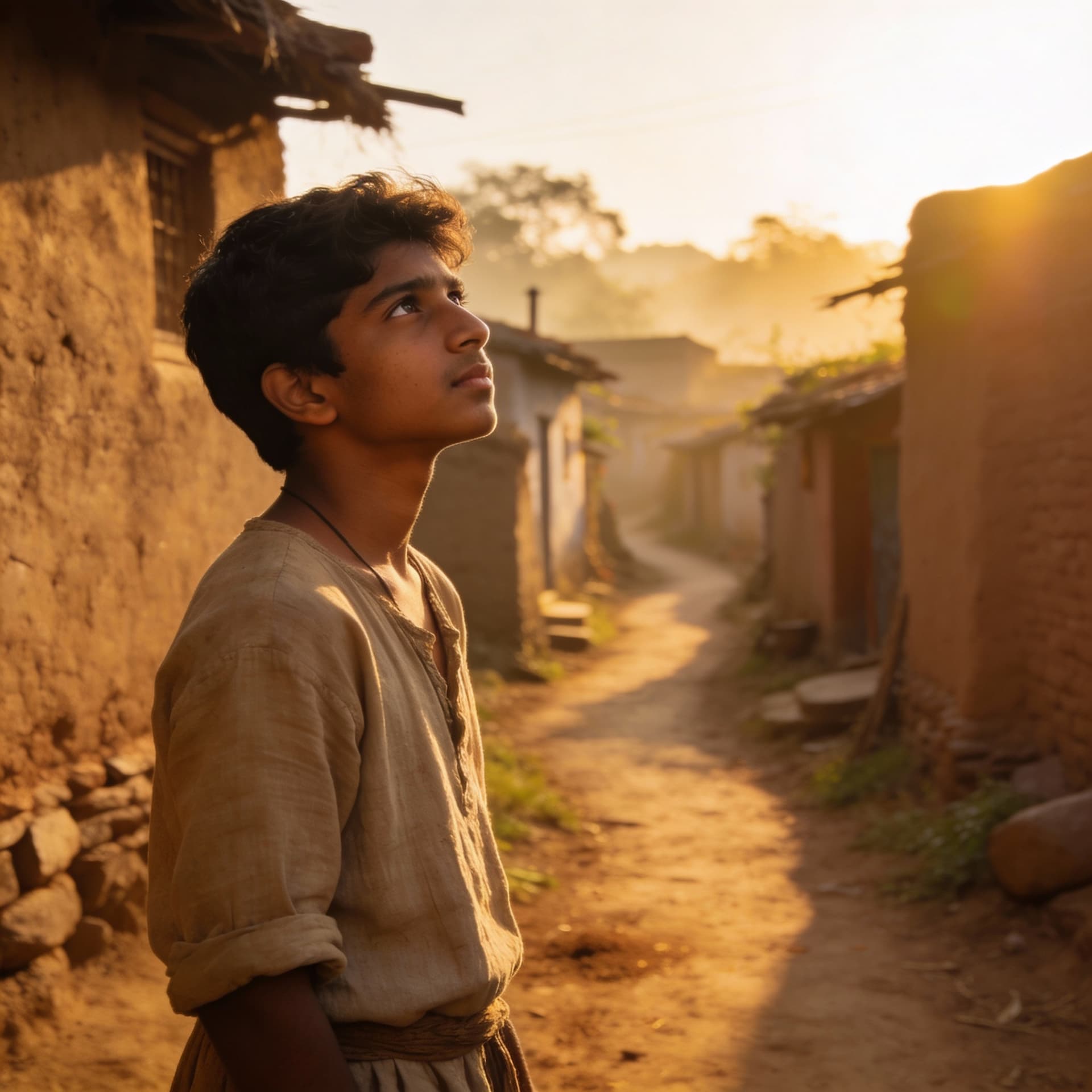AI generated: A small Indian village at sunrise, mud houses, narrow paths, a young Indian man named Arjun standing...