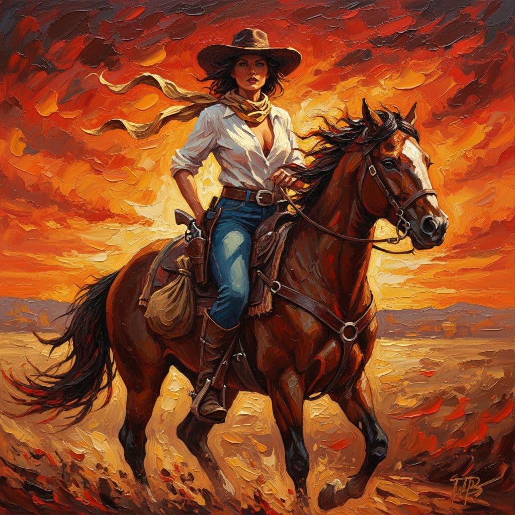 AI generated: A dramatic impasto oil painting in high relief, portraying a mysterious female outlaw riding her hor...