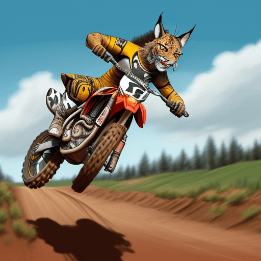 AI generated: a muscular lynx riding a motocross bike doing a wheelie and waving at the camera in a comic style il...