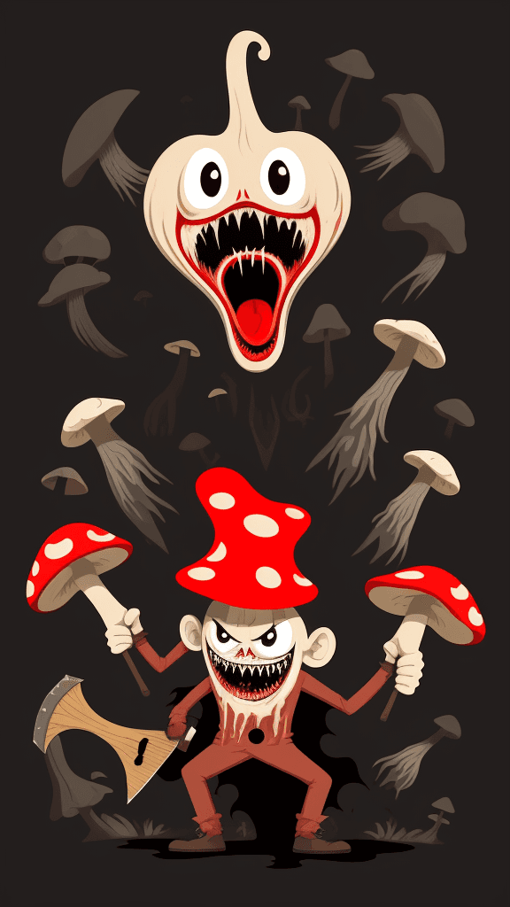 AI generated: vector horror art on the diverse background, a screaming crazy anthropomorphic evil mushroom with ax...