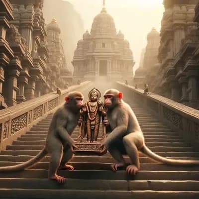 AI generated video: Monkeys safely climbs stairs hold statue, camera follow them, carefully 