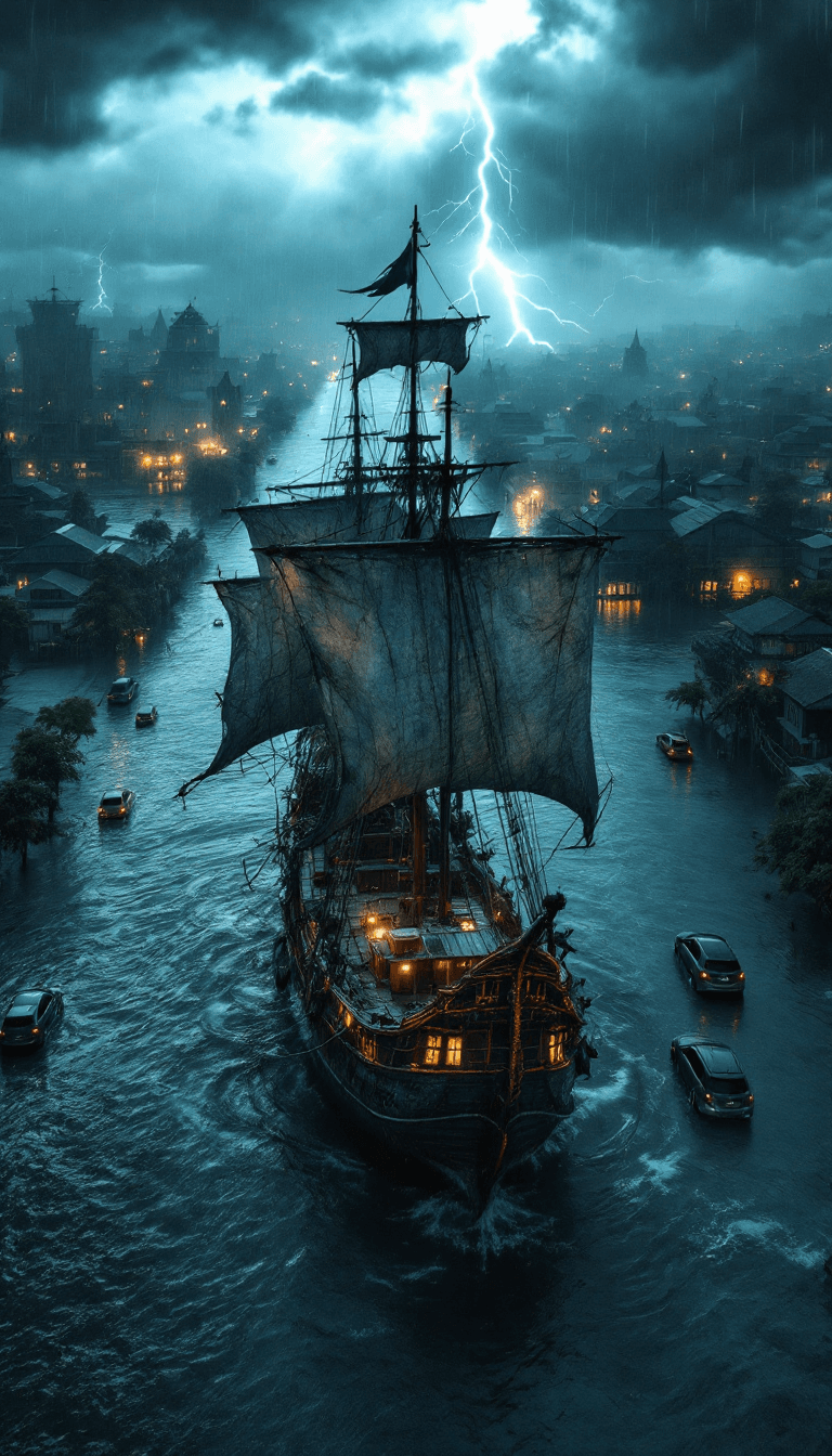 AI generated: Aerial view of a weathered 16th-century pirate ship stranded on a flooded highway in Indonesia, surr...