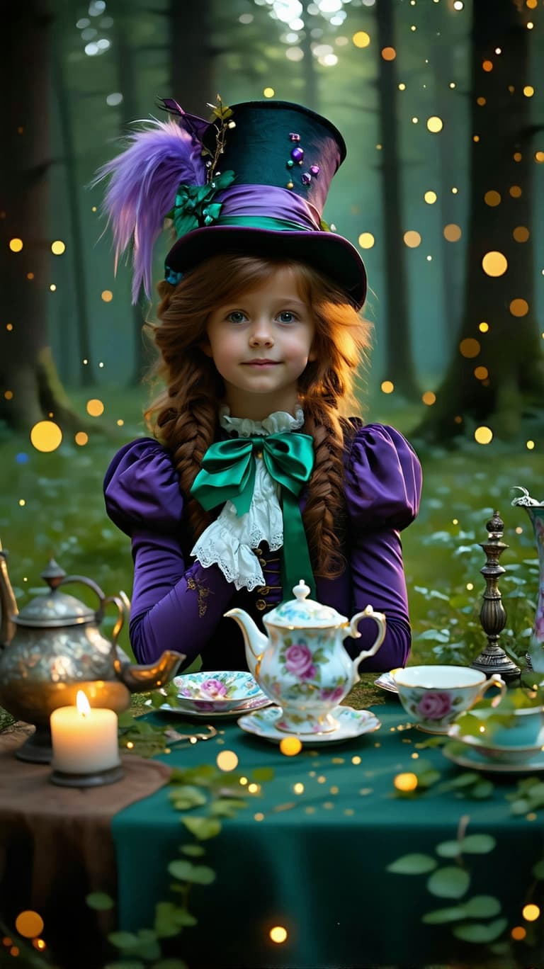 AI generated: a professional photo of a realistic of a pretty tween girl dressed as the Mad Hatter is sitting at a...