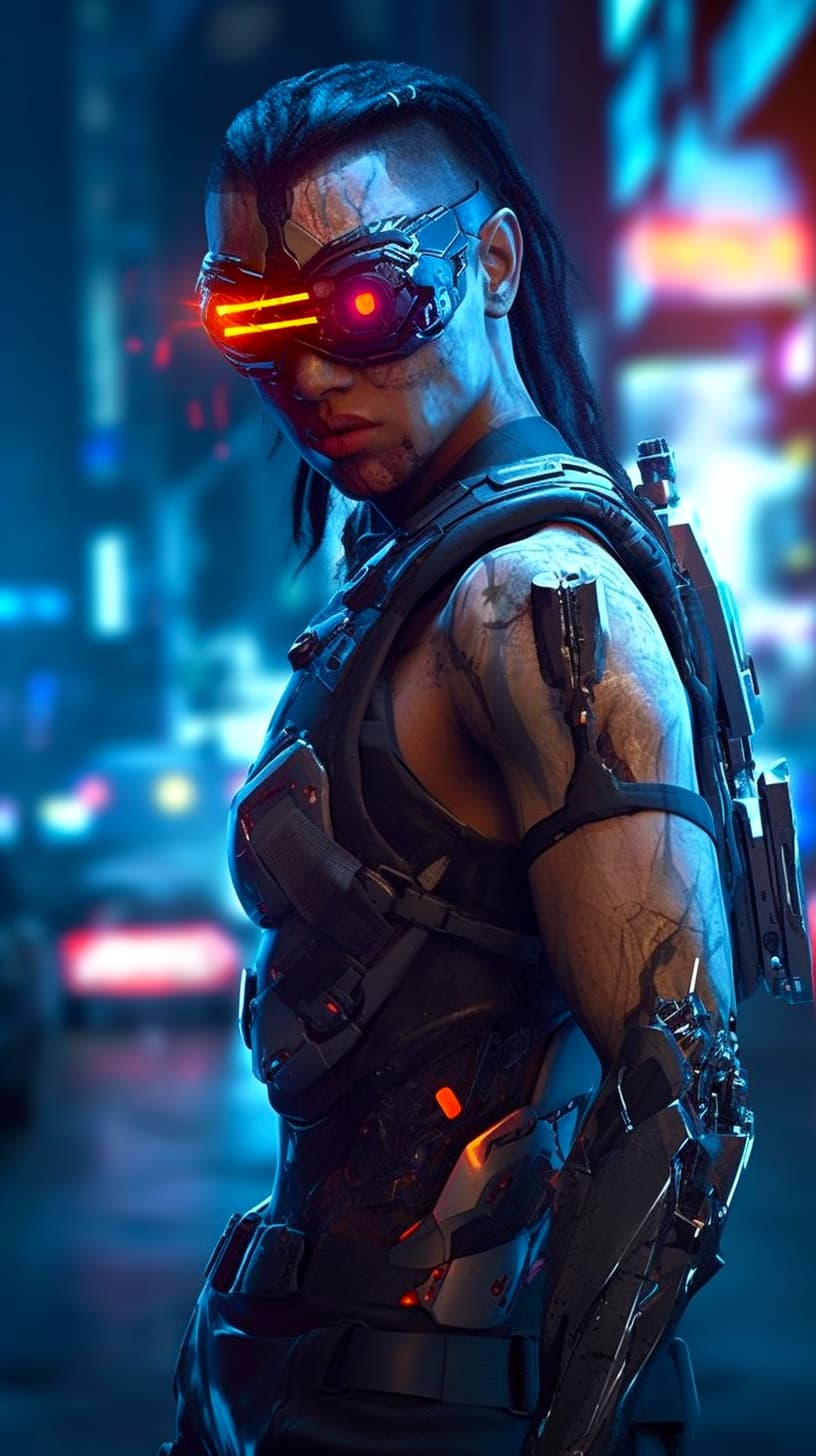 AI generated: A guy with a futuristic visor, vest, and weapon on the street, cyborg arm in synthetic skin, cyberpu...