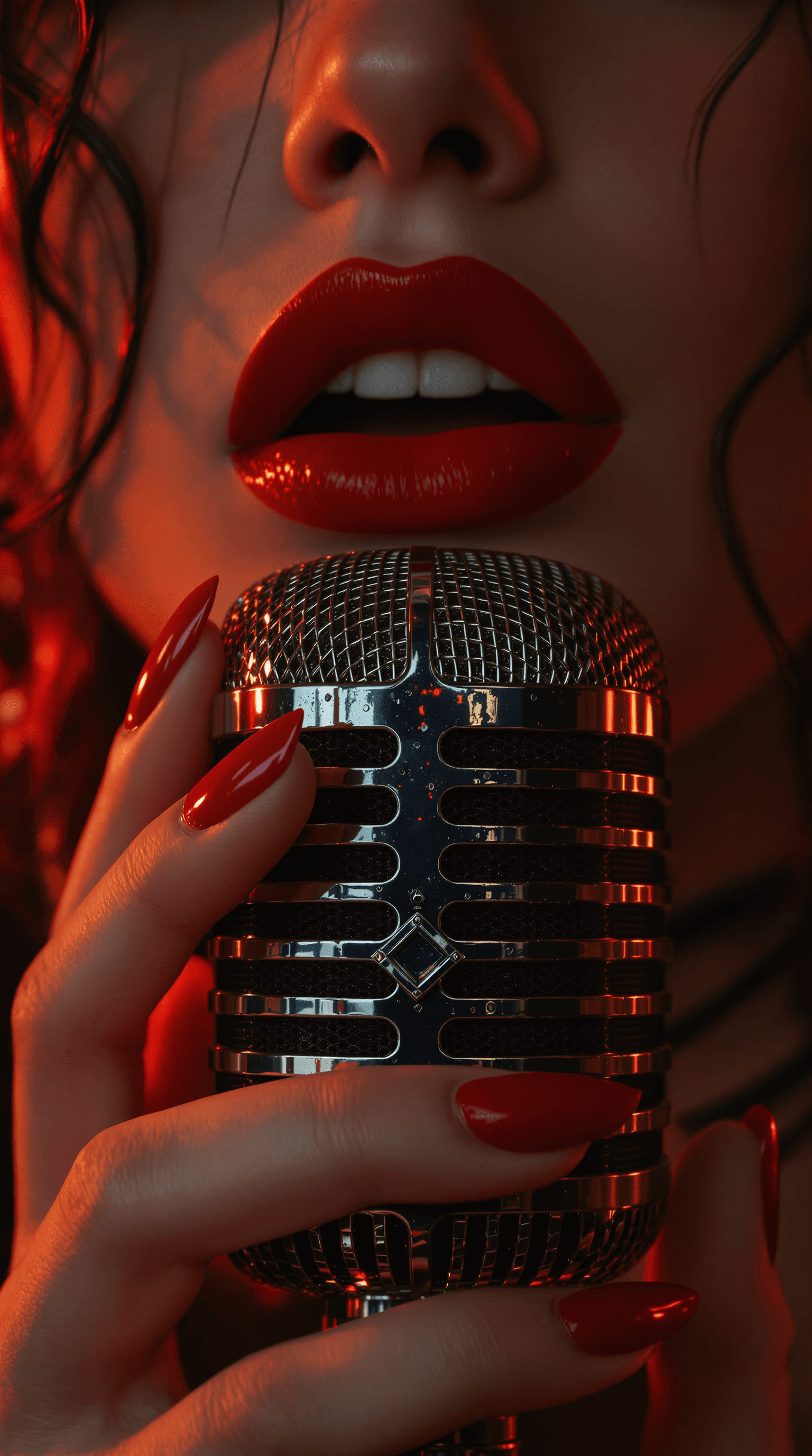 AI generated: An **extreme close-up, straight right-angle shot** of **Lilith**, a **female red demon**, grasping a...