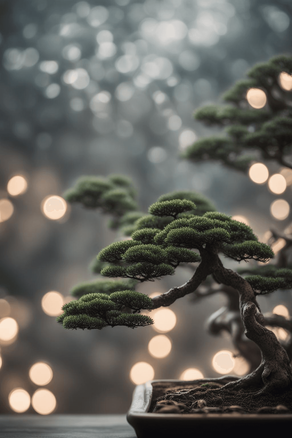 AI generated: Photograph of a Bonsai Tree, close up, moody lighting, low cover mist, bokeh lights in the backgroun...