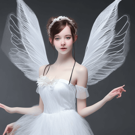 AI generated: Young female fairy, large wings, White lacey dress.